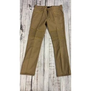 Mens Tan Moto Biker Studded Straight Leg Cotton Pants Khaki Gold Studs 36x32
